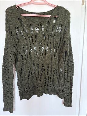 American Eagle Outfitters Olive Open-Knit Scoop Neck Sweater